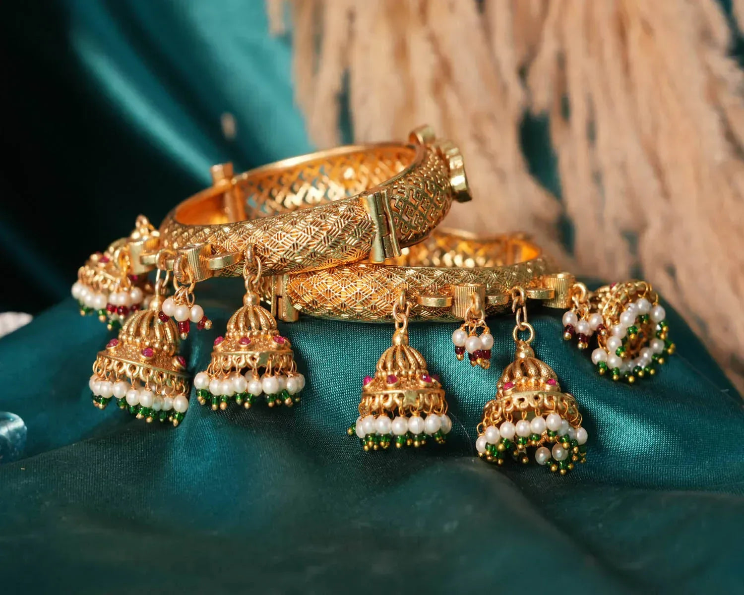 Antique Brass Jhumki Latkan Kada Bangles for Women (Pack of 2) - The Golden Cascade